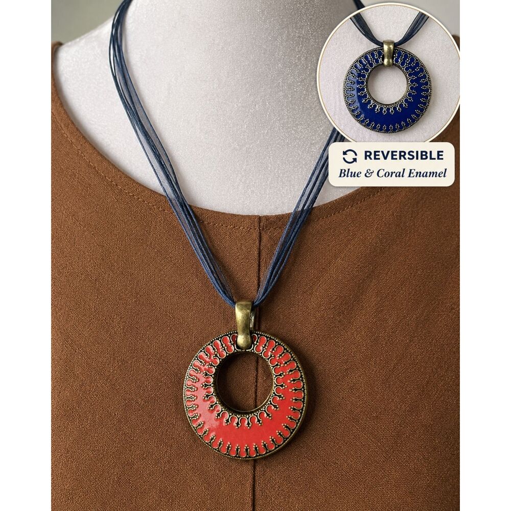 Reversible Blue Coral Enamel Pendant Necklace Statement Ribbon Cord Boho